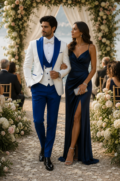 Hilton White and Royal Blue Paisley Peak Lapel Tuxedo Jacket with Matching Shawl Vest and Wool Pants  Includes Bow Tie