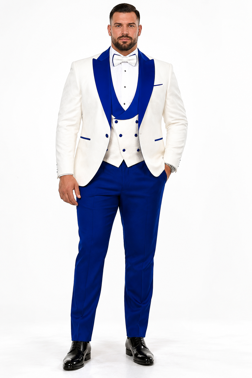 Hilton White and Royal Blue Paisley Peak Lapel Tuxedo Jacket with Matching Shawl Vest and Wool Pants  Includes Bow Tie