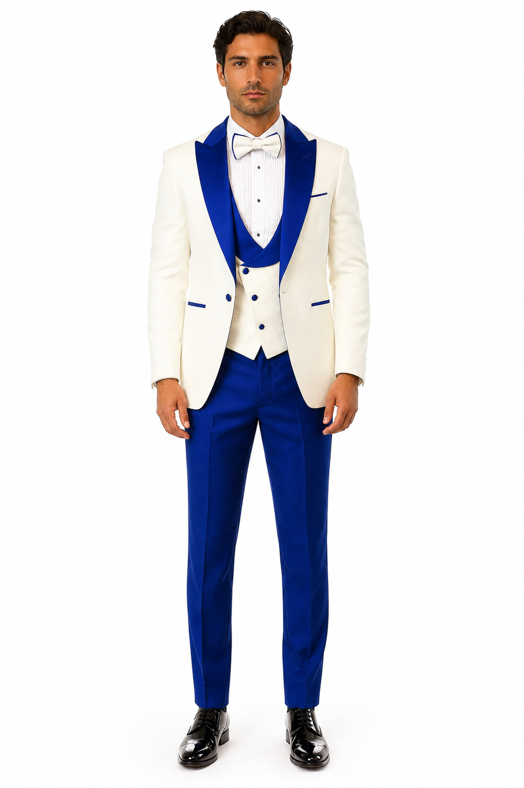 Hilton White and Royal Blue Paisley Peak Lapel Tuxedo Jacket with Matching Shawl Vest and Wool Pants  Includes Bow Tie