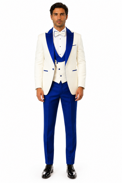 Hilton White and Royal Blue Paisley Peak Lapel Tuxedo Jacket with Matching Shawl Vest and Wool Pants  Includes Bow Tie