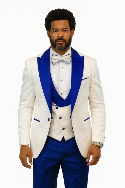 Hilton White and Royal Blue Paisley Peak Lapel Tuxedo Jacket with Matching Shawl Vest and Wool Pants  Includes Bow Tie