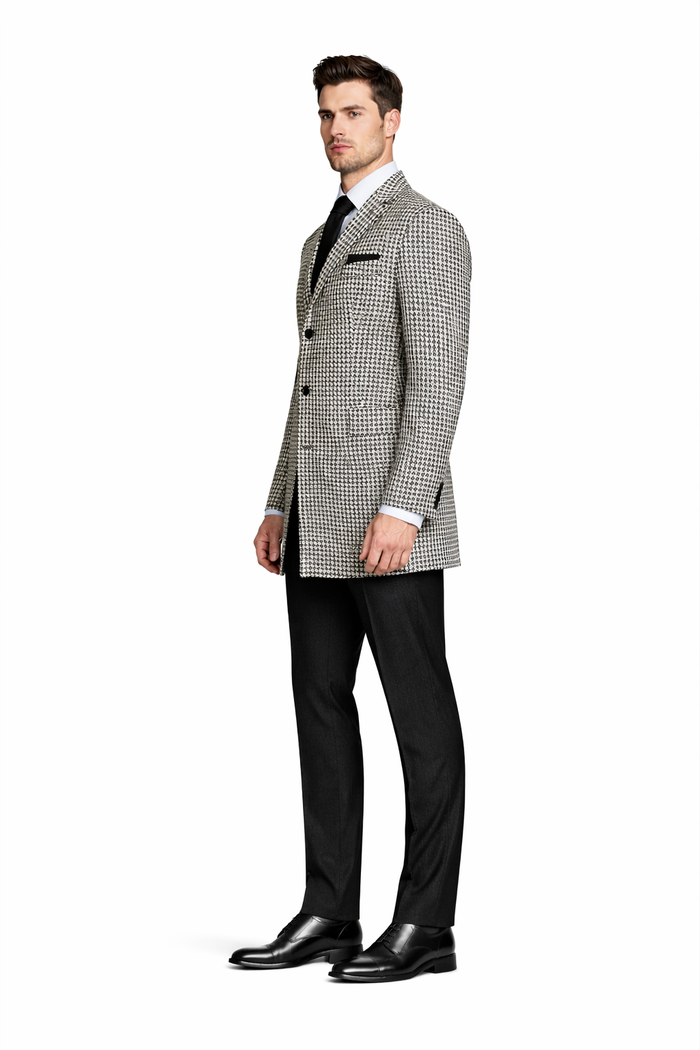 Houndstooth Overcoat - Houndstooth Topcoat - Houndstooth Checker Car Coat - Six Button Black