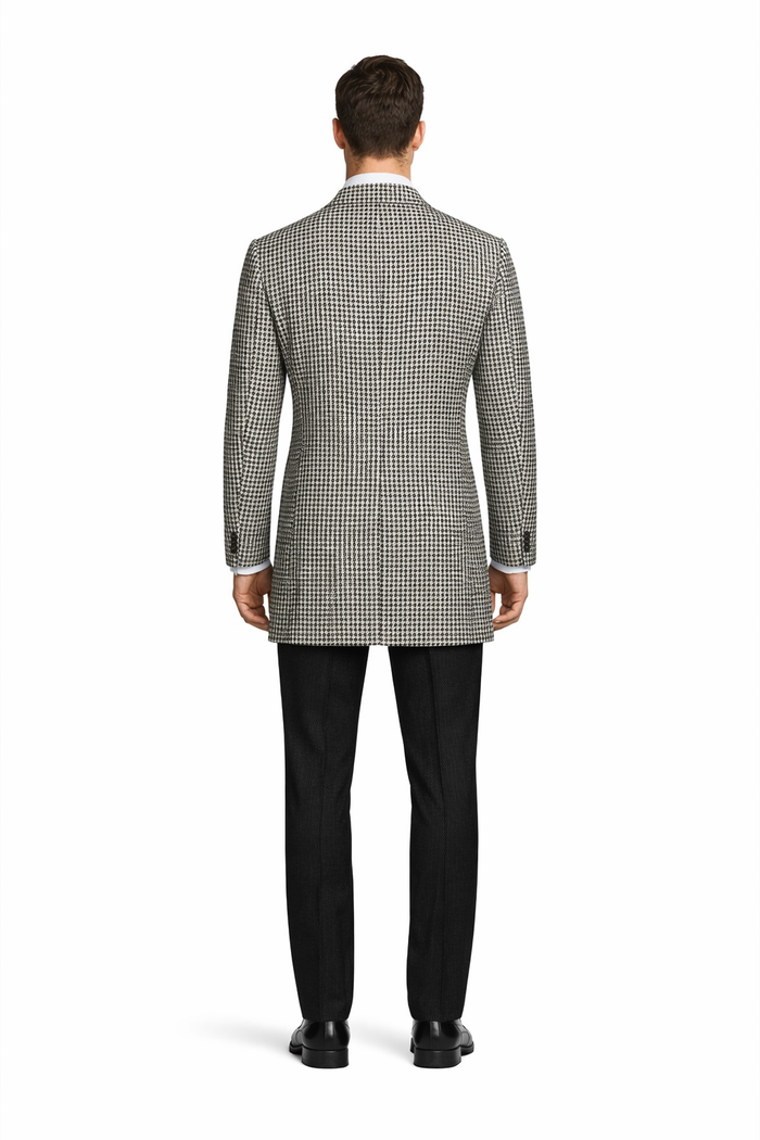 Houndstooth Overcoat - Houndstooth Topcoat - Houndstooth Checker Car Coat - Six Button Black