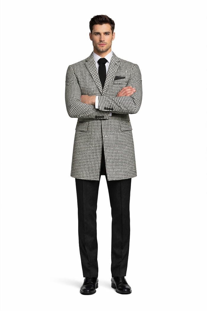 Houndstooth Overcoat - Houndstooth Topcoat - Houndstooth Checker Car Coat - Six Button Black