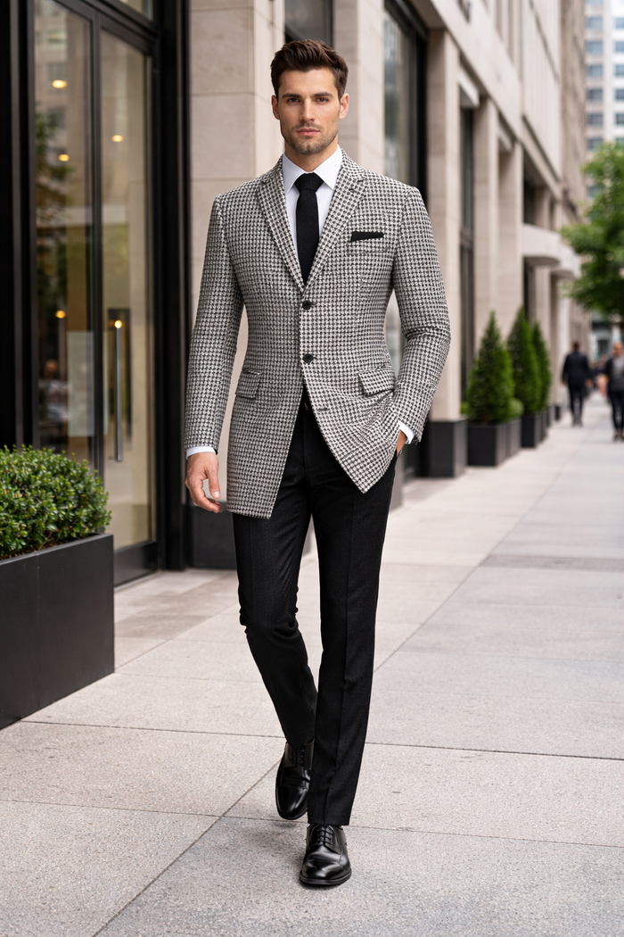 Houndstooth Overcoat - Houndstooth Topcoat - Houndstooth Checker Car Coat - Six Button Black