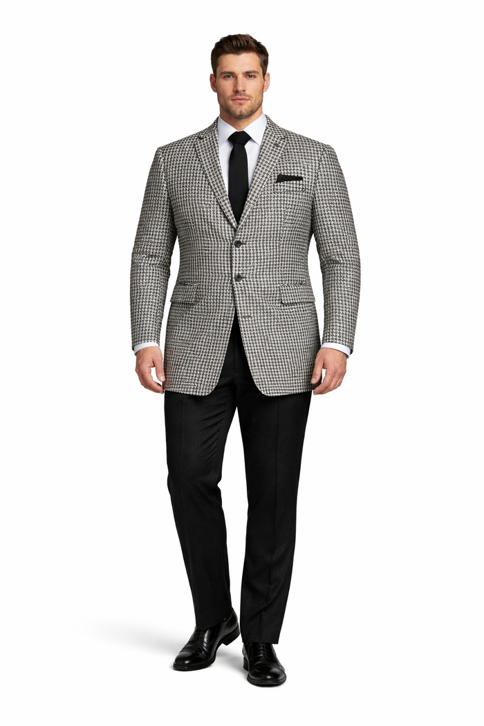 Houndstooth Overcoat - Houndstooth Topcoat - Houndstooth Checker Car Coat - Six Button Black
