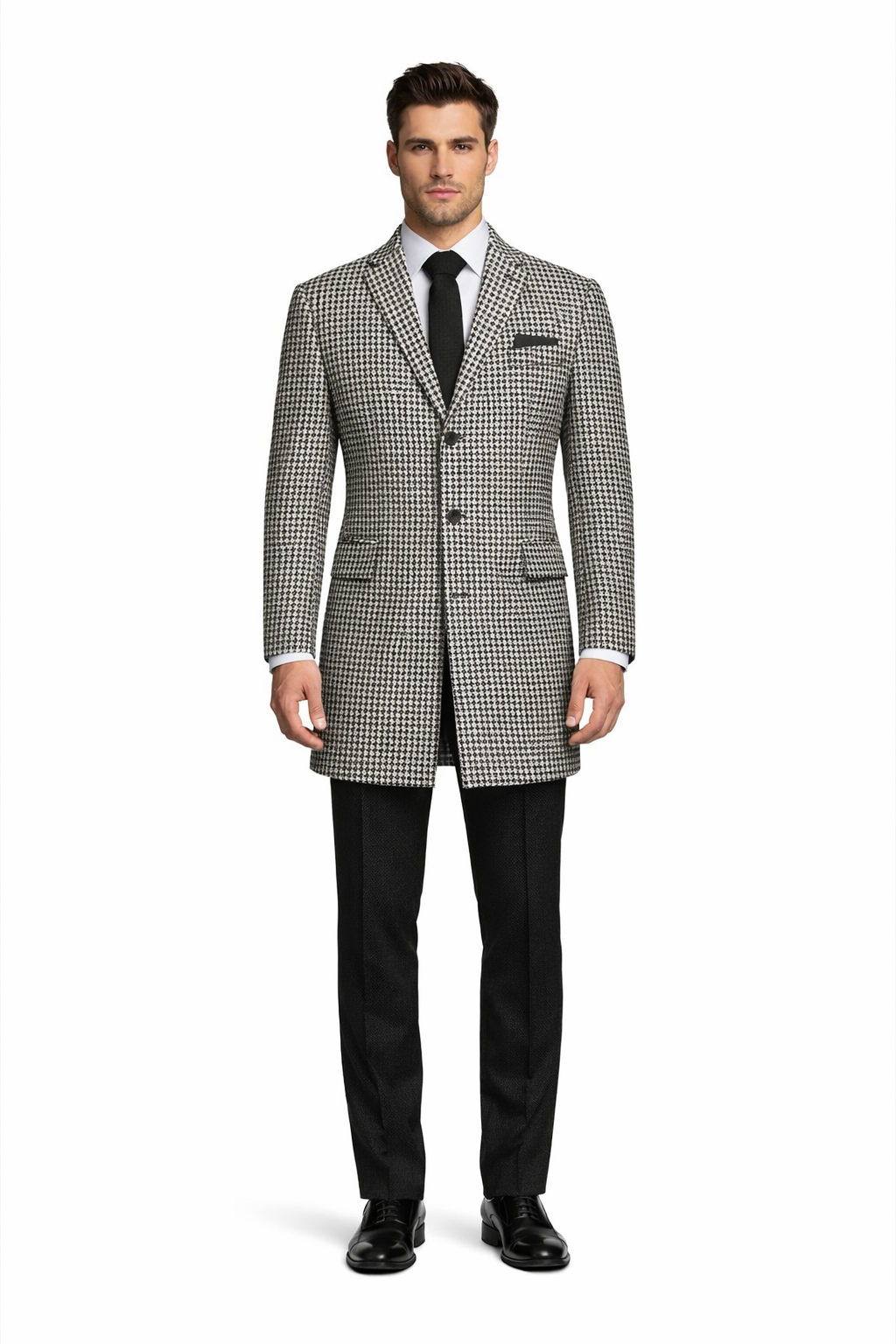 Houndstooth Overcoat - Houndstooth Topcoat - Houndstooth Checker Car Coat - Six Button Black