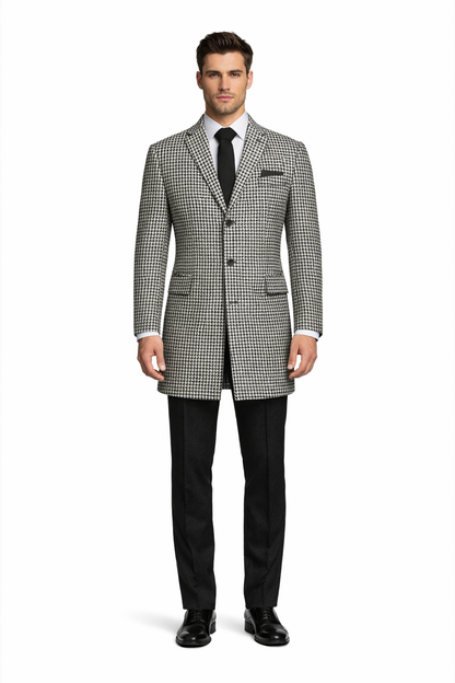 Houndstooth Overcoat - Houndstooth Topcoat - Houndstooth Checker Car Coat - Six Button Black