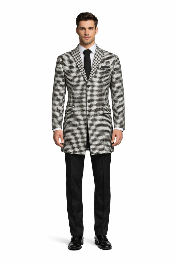 Houndstooth Overcoat - Houndstooth Topcoat - Houndstooth Checker Car Coat - Six Button Black