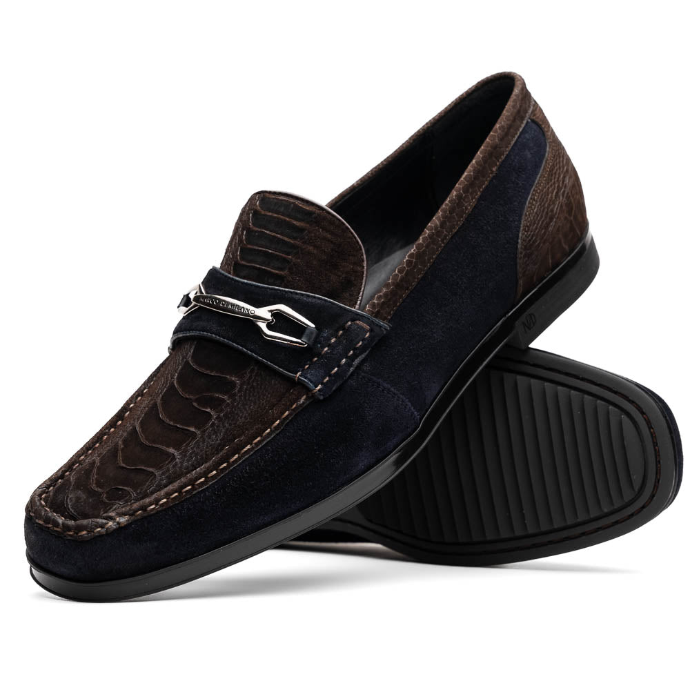 Marco Di Milano Brown-Navy Hugo Sueded Ostrich Leg Bit Loafers