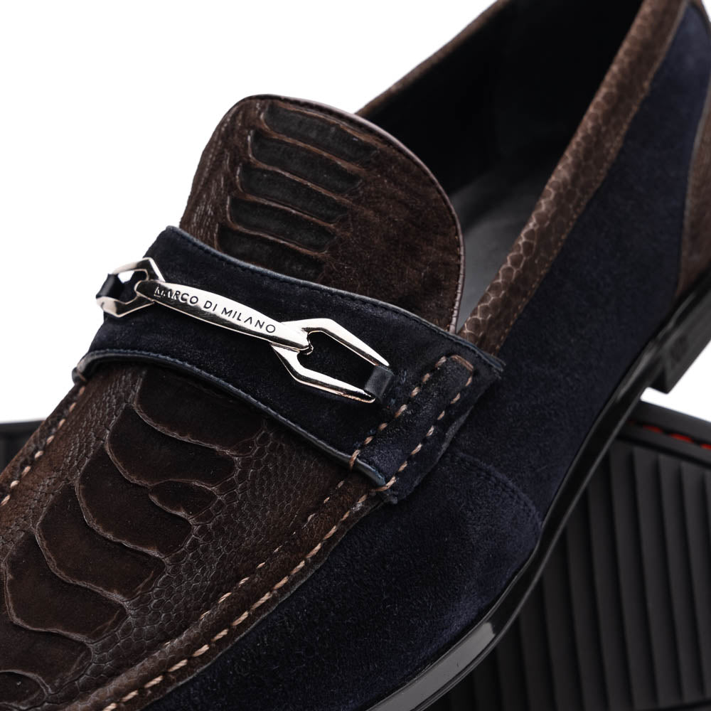 Marco Di Milano Brown-Navy Hugo Sueded Ostrich Leg Bit Loafers