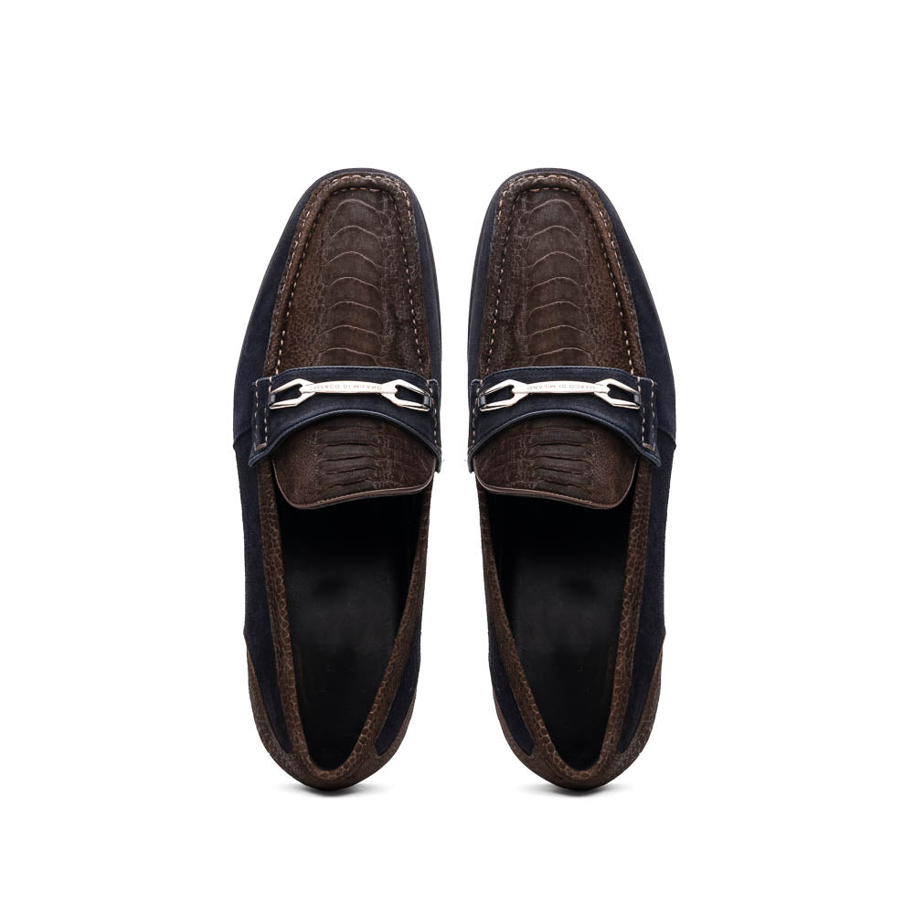 Marco Di Milano Brown-Navy Hugo Sueded Ostrich Leg Bit Loafers