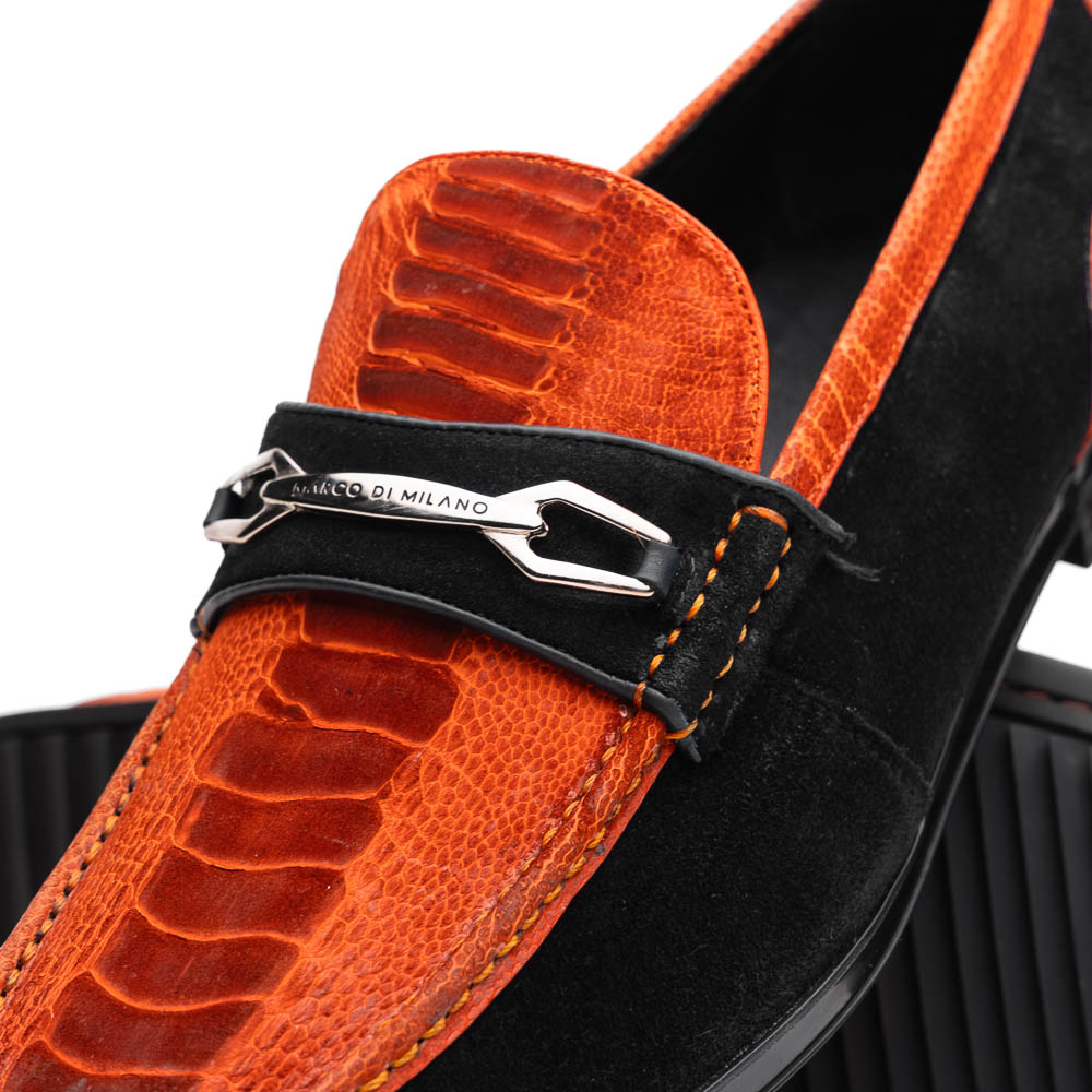 Marco Di Milano Orange-Black Hugo Sueded Ostrich Leg Bit Loafers