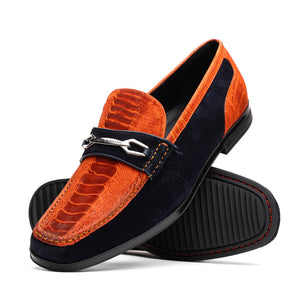 Marco Di Milano Orange-Navy Hugo Sueded Ostrich Leg Bit Loafers