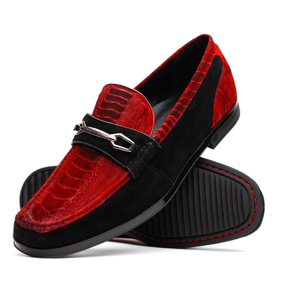 Marco Di Milano Red-Black Hugo Sueded Ostrich Leg Bit Loafers