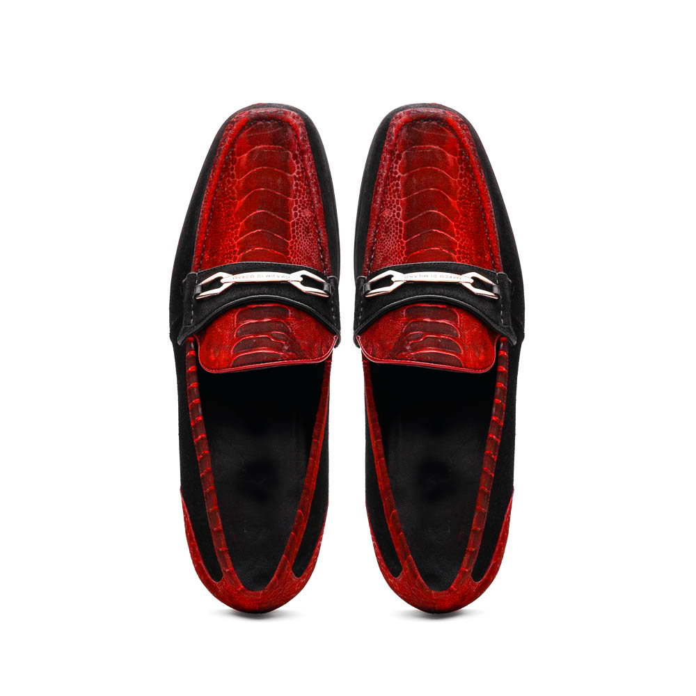 Marco Di Milano Red-Black Hugo Sueded Ostrich Leg Bit Loafers