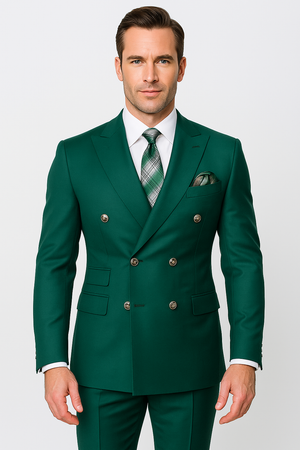 Mens Designer Modern Fit Double Breasted Wool Suit with Gold Buttons in Hunter Green