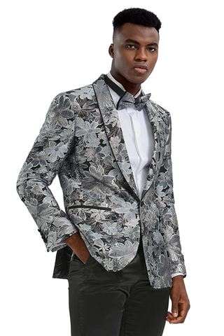 Mens Gray Tuxedo - Grey Wedding Suit-Mens Slim Fit Paisely Prom Tuxedo Jacket In Charcoal & Silver Grey