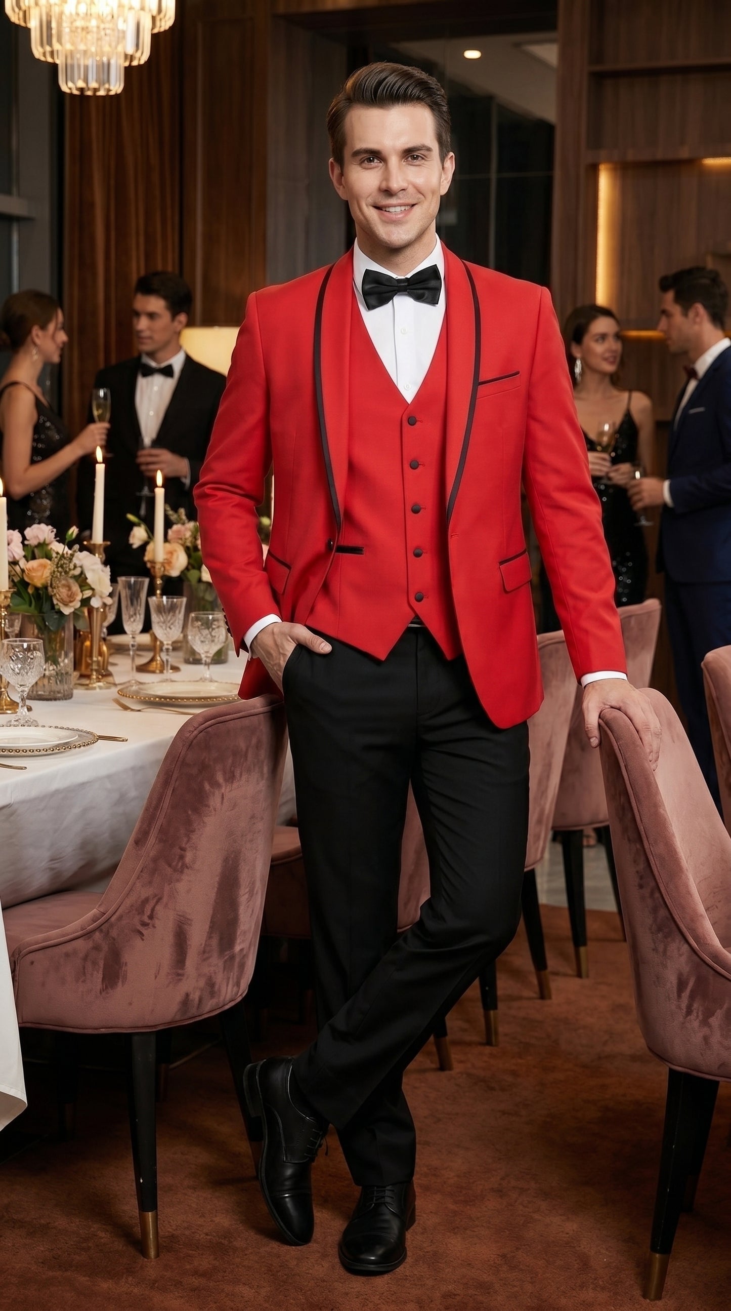 Men’s Red and Black One Button Shawl Tuxedo with Satin Trim, Formal Wedding Prom Dinner Suit