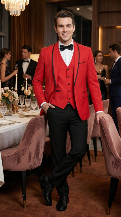 Men’s Red and Black One Button Shawl Tuxedo with Satin Trim, Formal Wedding Prom Dinner Suit