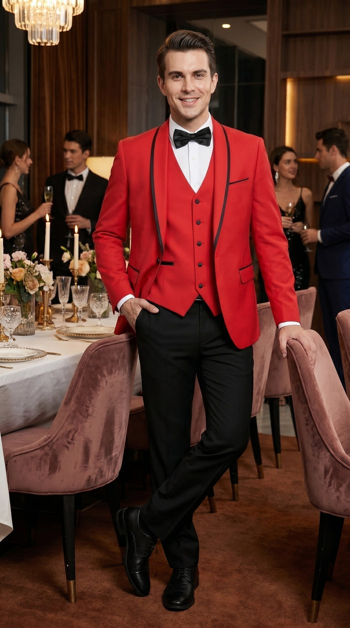 Men’s Red and Black One Button Shawl Tuxedo with Satin Trim, Formal Wedding Prom Dinner Suit