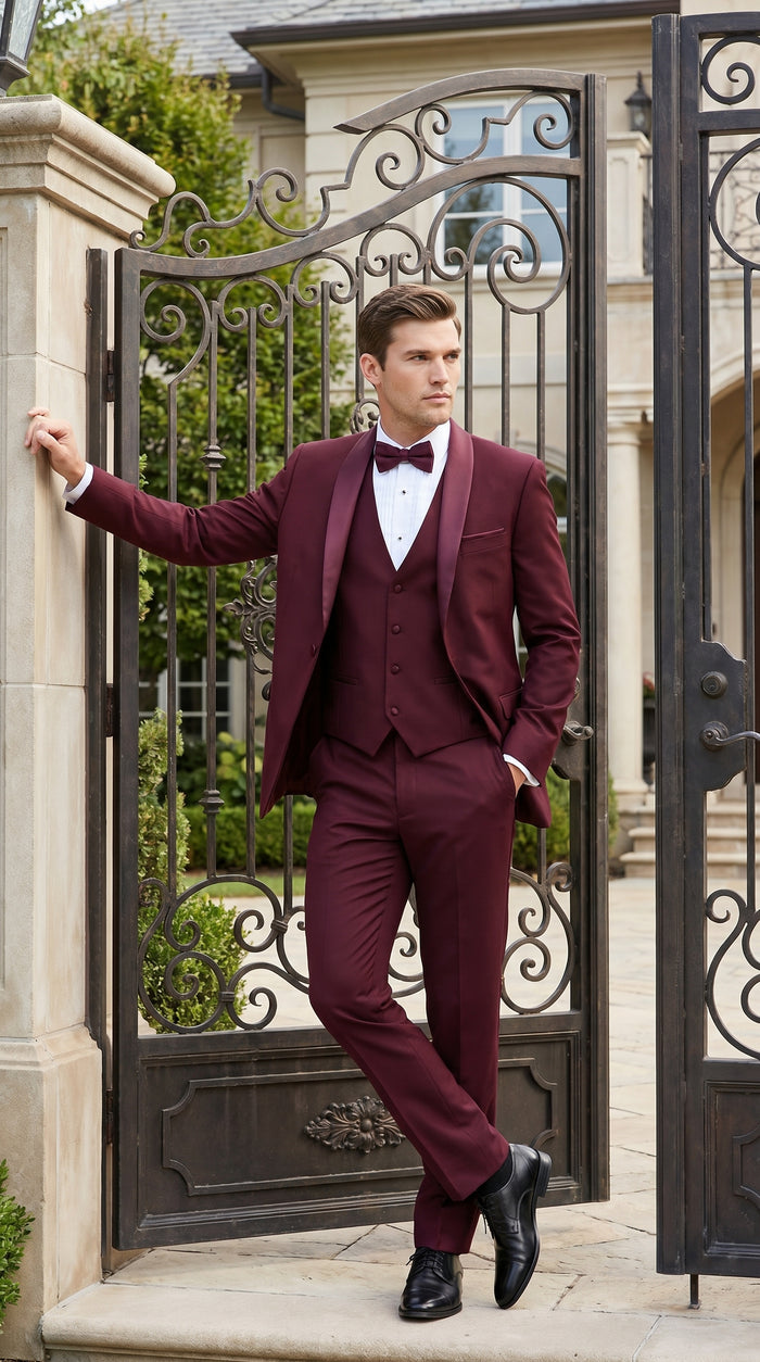 Men’s Burgundy Wool Vested Shawl Prom Tuxedo with One Button Jacket and Matching Pants