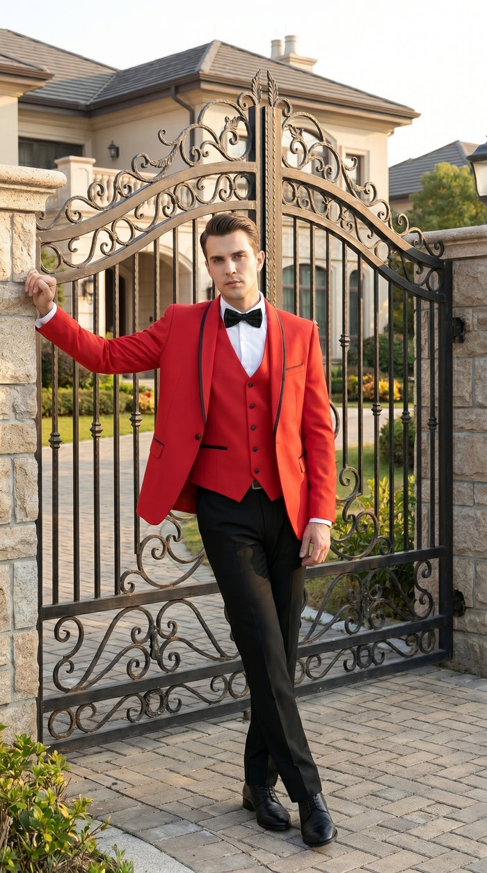 Men’s Red and Black One Button Shawl Tuxedo with Satin Trim, Formal Wedding Prom Dinner Suit