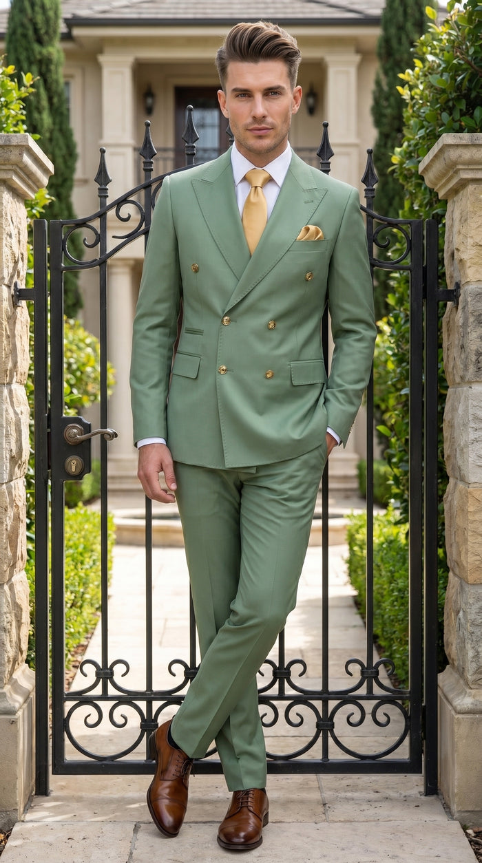 Men’s Sage Green Double Breasted 2 Piece Suit with Gold Buttons, Pistachio Formal Dress Suit