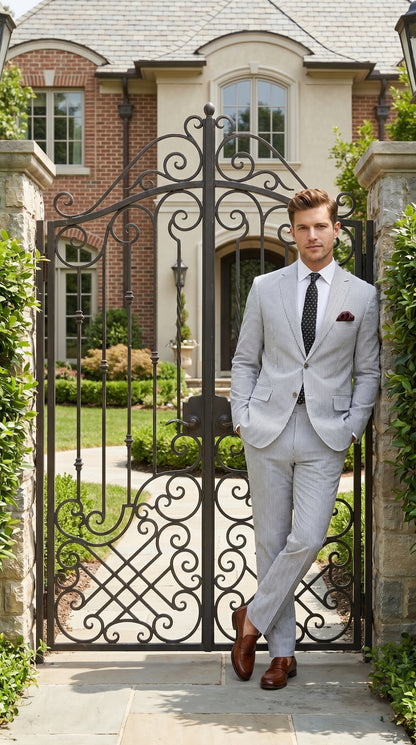 Men’s Black Pinstripe Summer Seersucker 2 Piece Suit with Jacket and Matching Pants