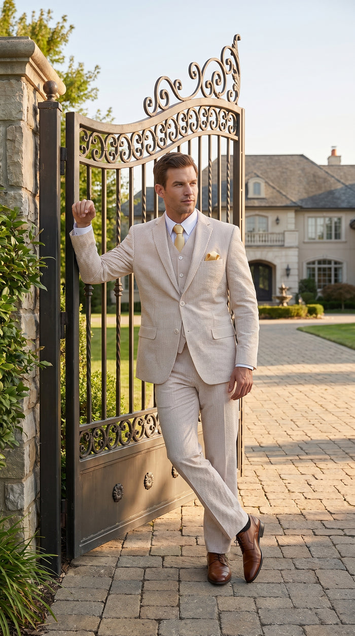 Men’s Tan Seersucker Summer Suit with 2 Button Jacket, Vest and Matching Pants