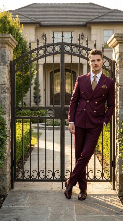 Men’s Burgundy Double Breasted Suit with Gold Buttons, Formal Wedding Prom Dress Suit