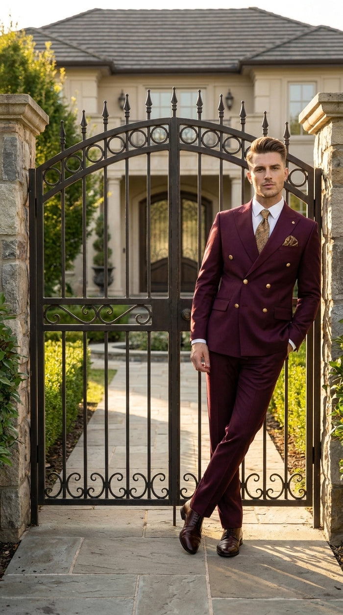 Men’s Burgundy Double Breasted Suit with Gold Buttons, Formal Wedding Prom Dress Suit