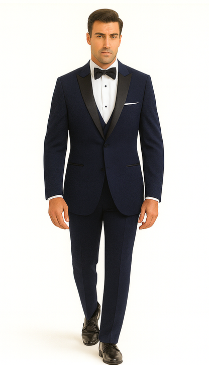 Mens Designer Satin Peak Blake Tuxedo in Navy