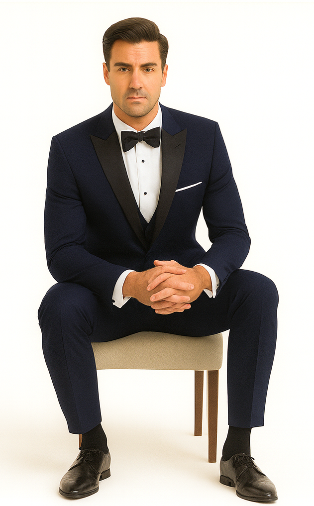 Mens Designer Satin Peak Blake Tuxedo in Navy