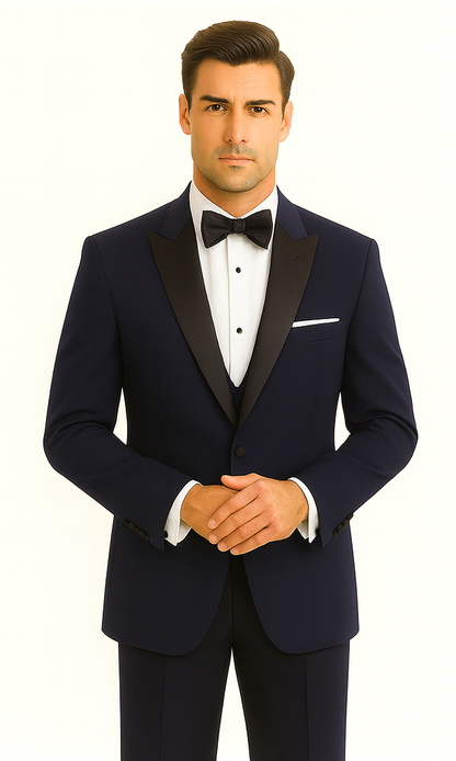Mens Designer Satin Peak Blake Tuxedo in Navy