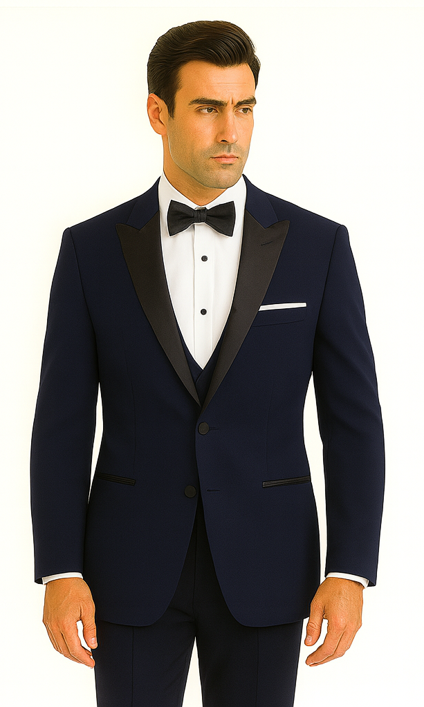Mens Designer Satin Peak Blake Tuxedo in Navy