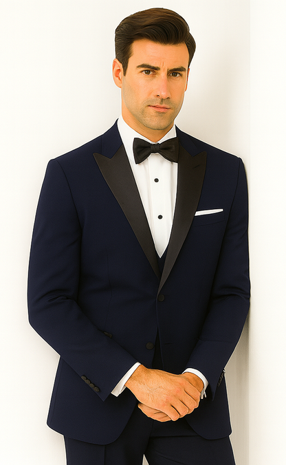 Mens Designer Satin Peak Blake Tuxedo in Navy