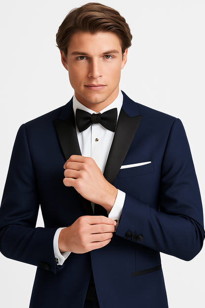 Mens Designer One Button Peak Blake Tuxedo in Navy Blue