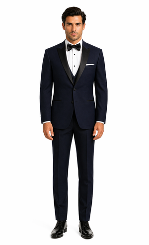 Mens Designer Satin Peak Blake Tuxedo in Navy