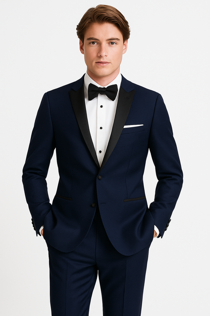 Mens Designer One Button Peak Blake Tuxedo in Navy Blue