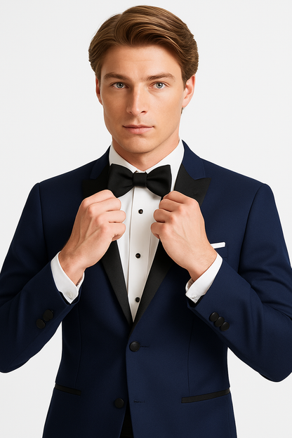 Mens Designer One Button Peak Blake Tuxedo in Navy Blue