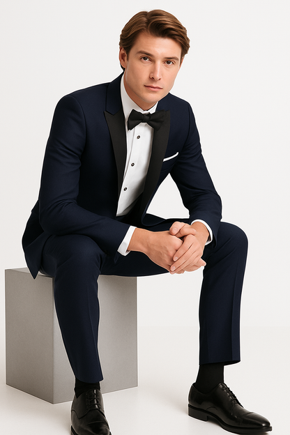 Mens Designer One Button Peak Blake Tuxedo in Navy Blue