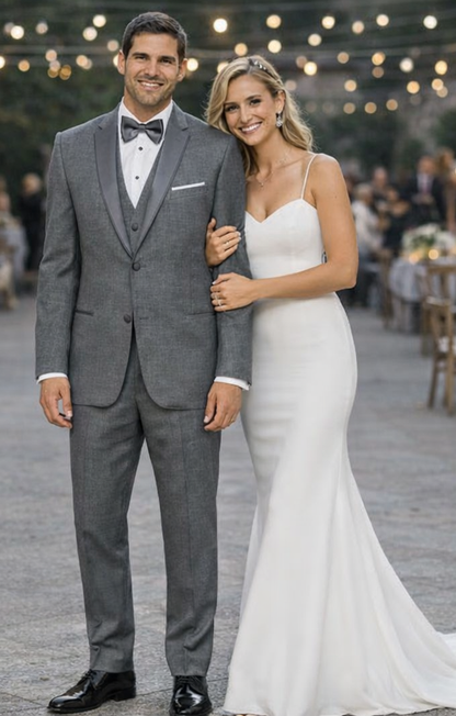 Mens Designer Grayson Satin Trim Wedding Tuxedo in Grey