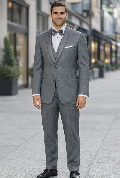 Mens Designer Grayson Satin Trim Wedding Tuxedo in Grey