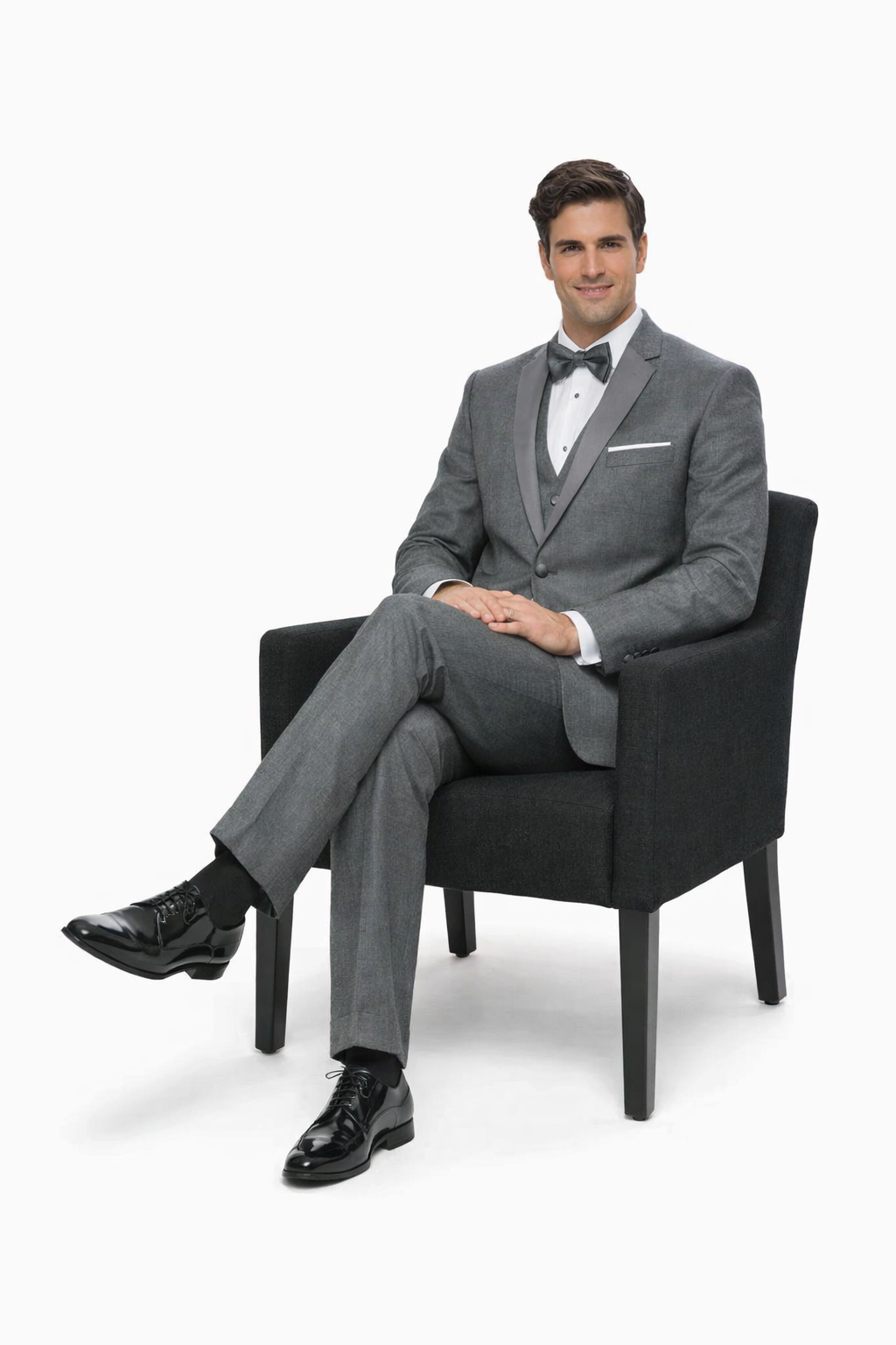 Mens Designer Grayson Satin Trim Wedding Tuxedo in Grey