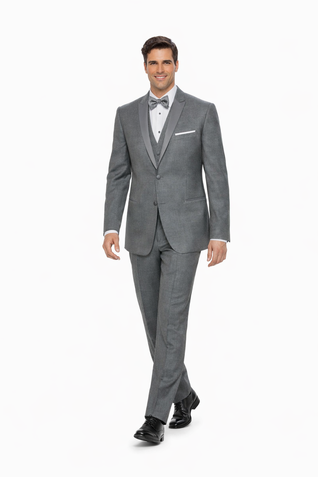 Mens Designer Grayson Satin Trim Wedding Tuxedo in Grey