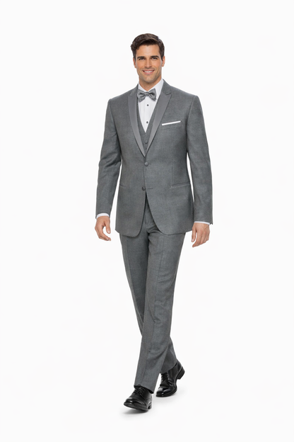 Mens Designer Grayson Satin Trim Wedding Tuxedo in Grey