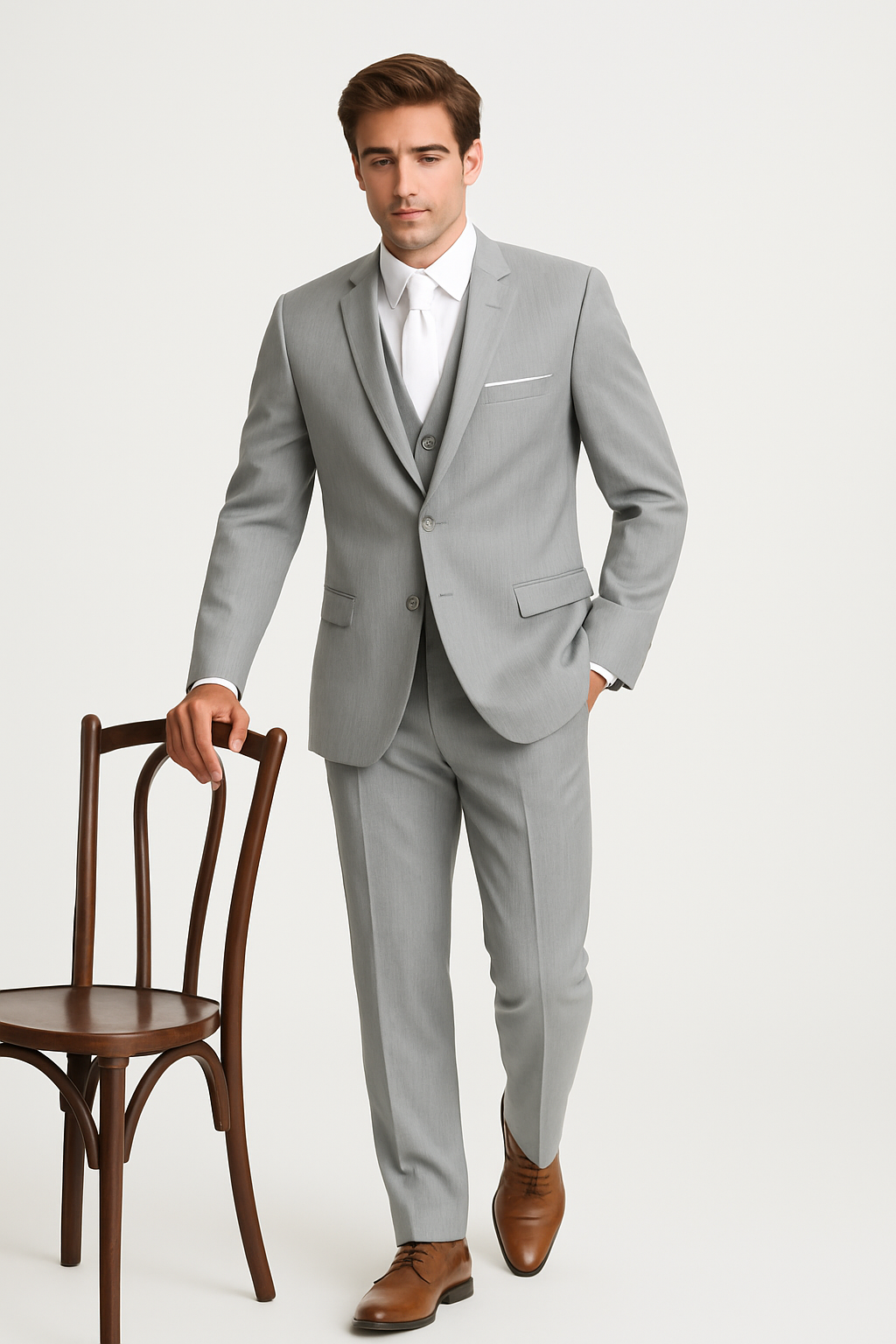 Mens Designer 2 Button Peak Lapel Grenada Prom Tuxedo Suit in Light Grey