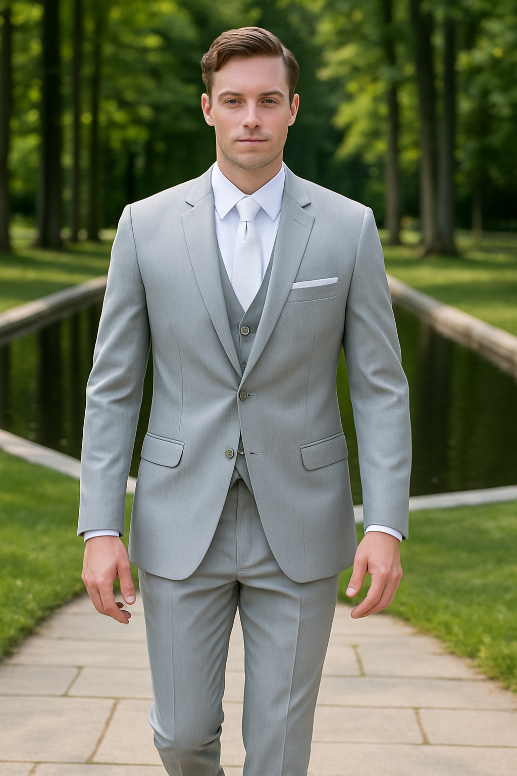 Mens Designer 2 Button Peak Lapel Grenada Prom Tuxedo Suit in Light Grey