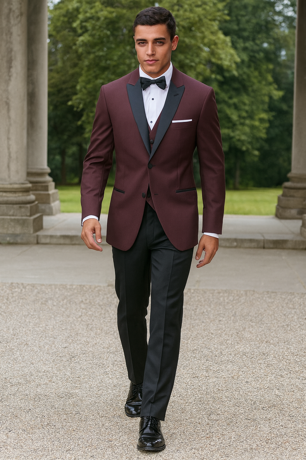 Mens Designer Marbella One Button Peak Tuxedo in Burgundy
